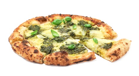 Photo of Delicious pizza with pesto, cheese and basil on white background