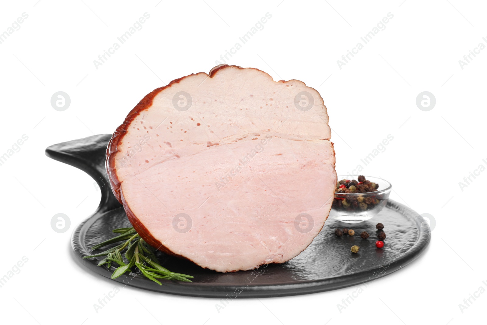 Photo of Delicious ham with rosemary and peppercorns isolated on white