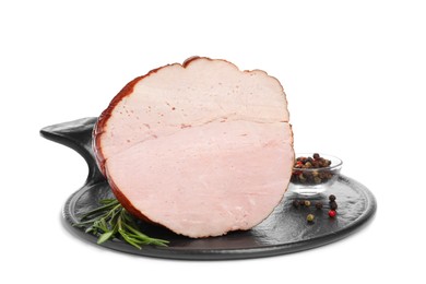 Photo of Delicious ham with rosemary and peppercorns isolated on white