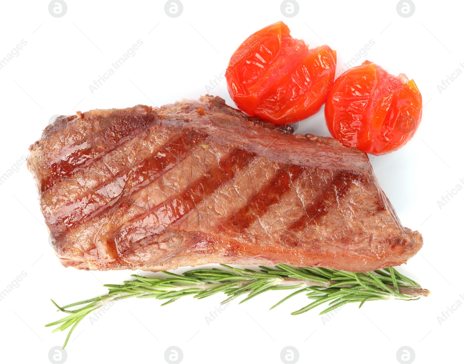 Photo of Delicious grilled beef steak with tomatoes and rosemary isolated on white, top view