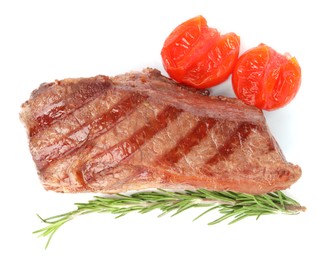 Photo of Delicious grilled beef steak with tomatoes and rosemary isolated on white, top view