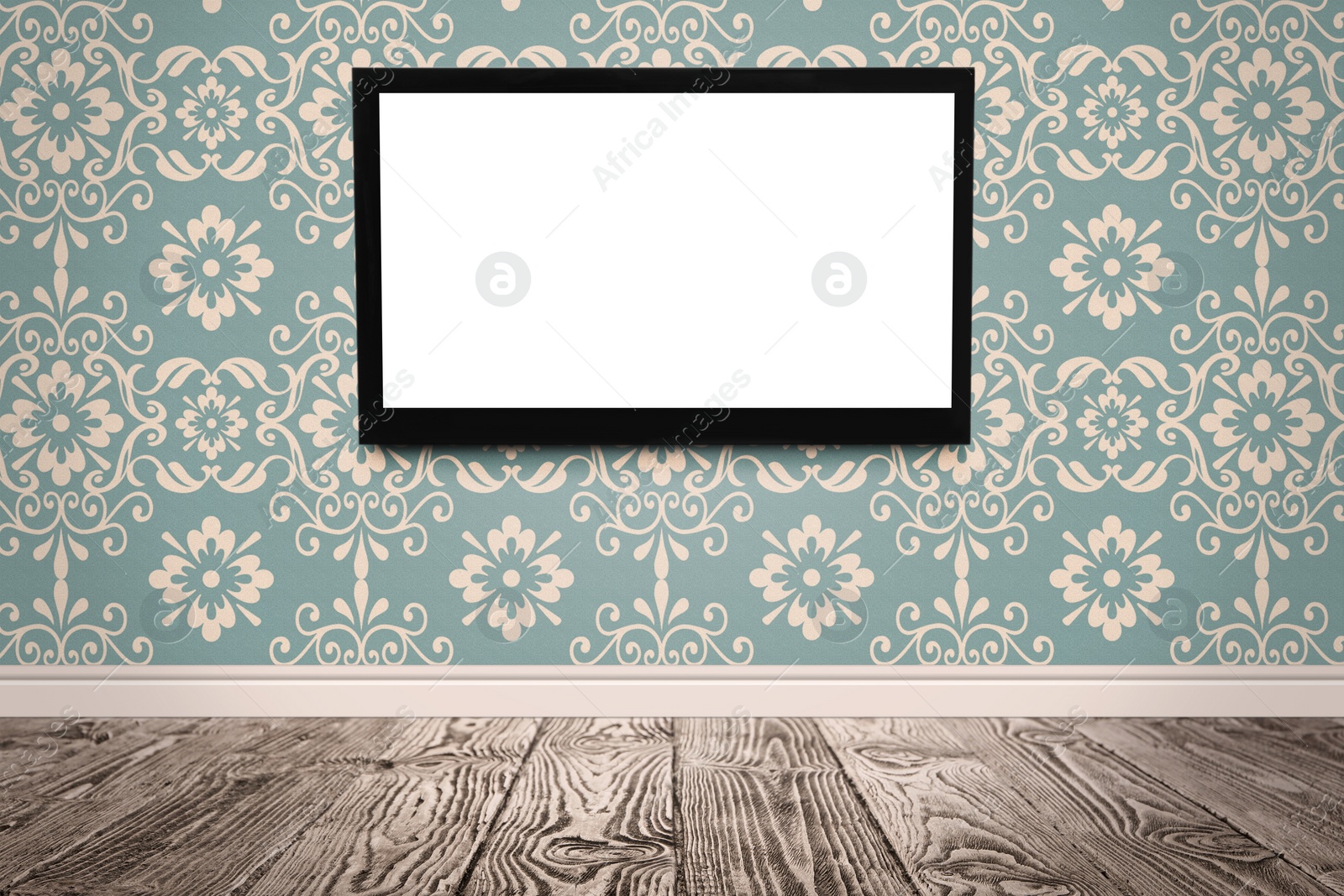 Image of Modern TV on color wall in room. Space for design