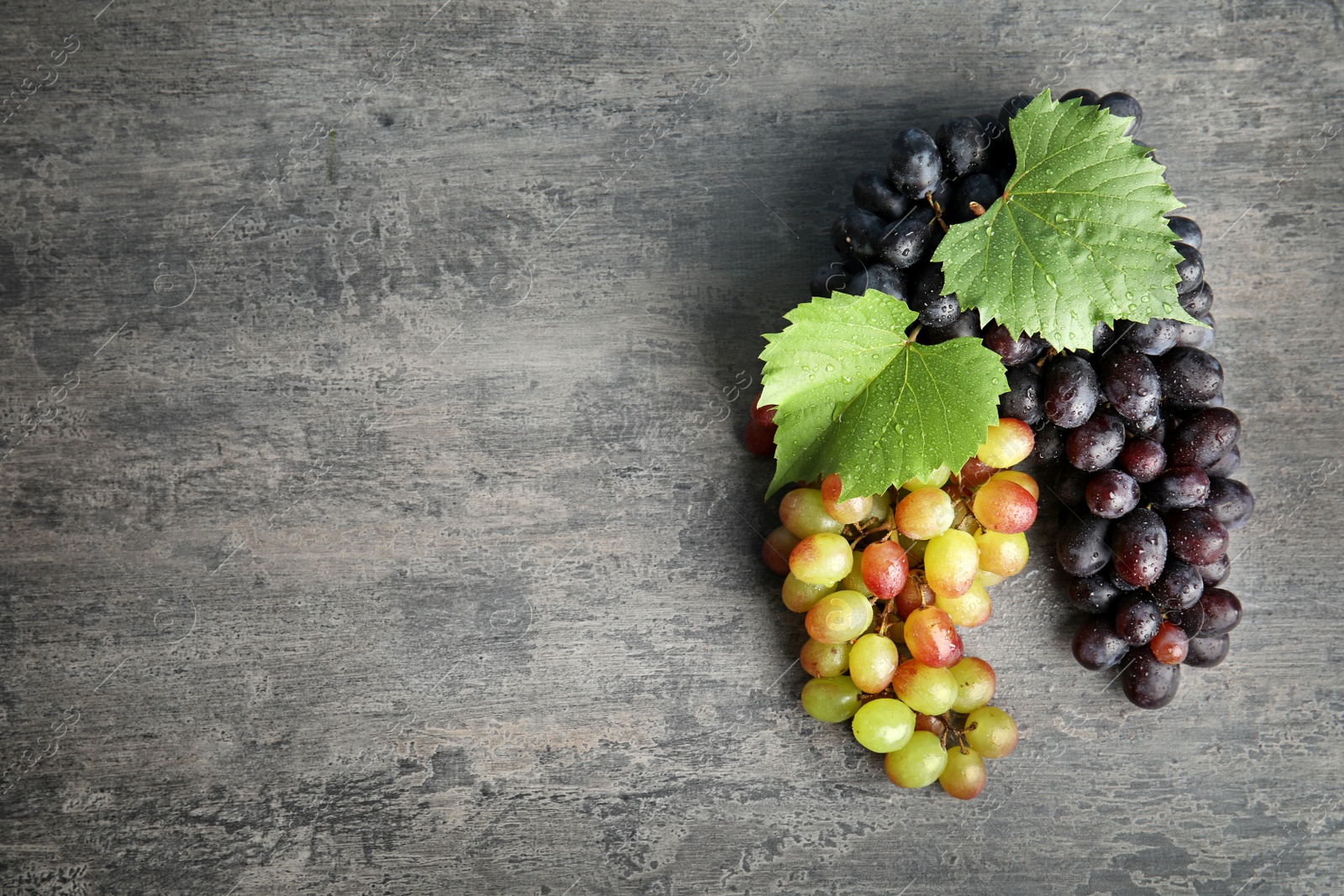 Photo of Different fresh ripe juicy grapes and space for text on table, top view