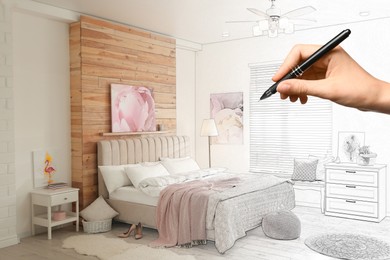 Woman drawing sketch of stylish bedroom interior, closeup. Combination of photo and sketch