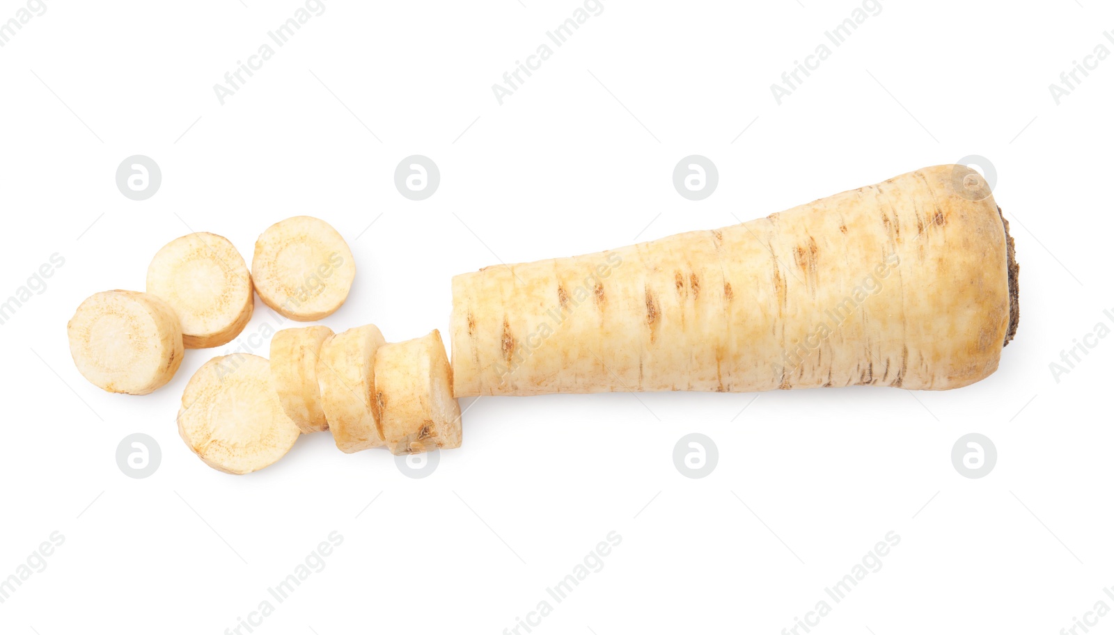 Photo of Raw parsley root isolated on white, top view