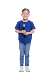 Cute little girl with microphone singing on white background