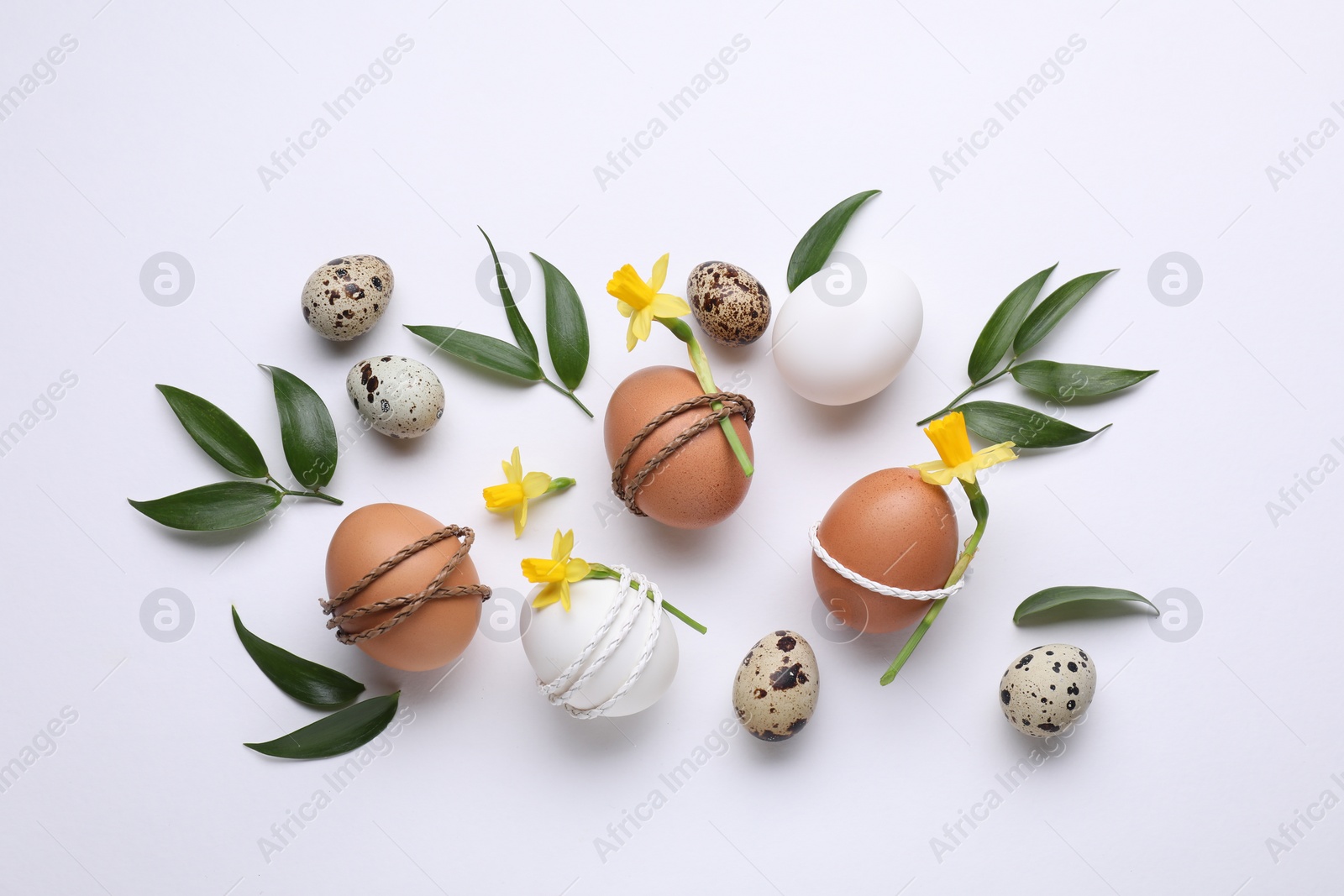 Photo of Easter eggs decorated with flowers and green leaves on white background, flat lay
