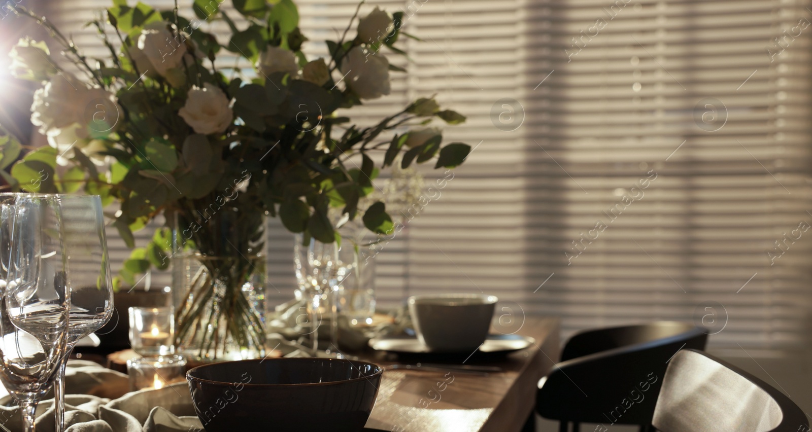 Image of Festive table setting with beautiful tableware and decor indoors. Banner design