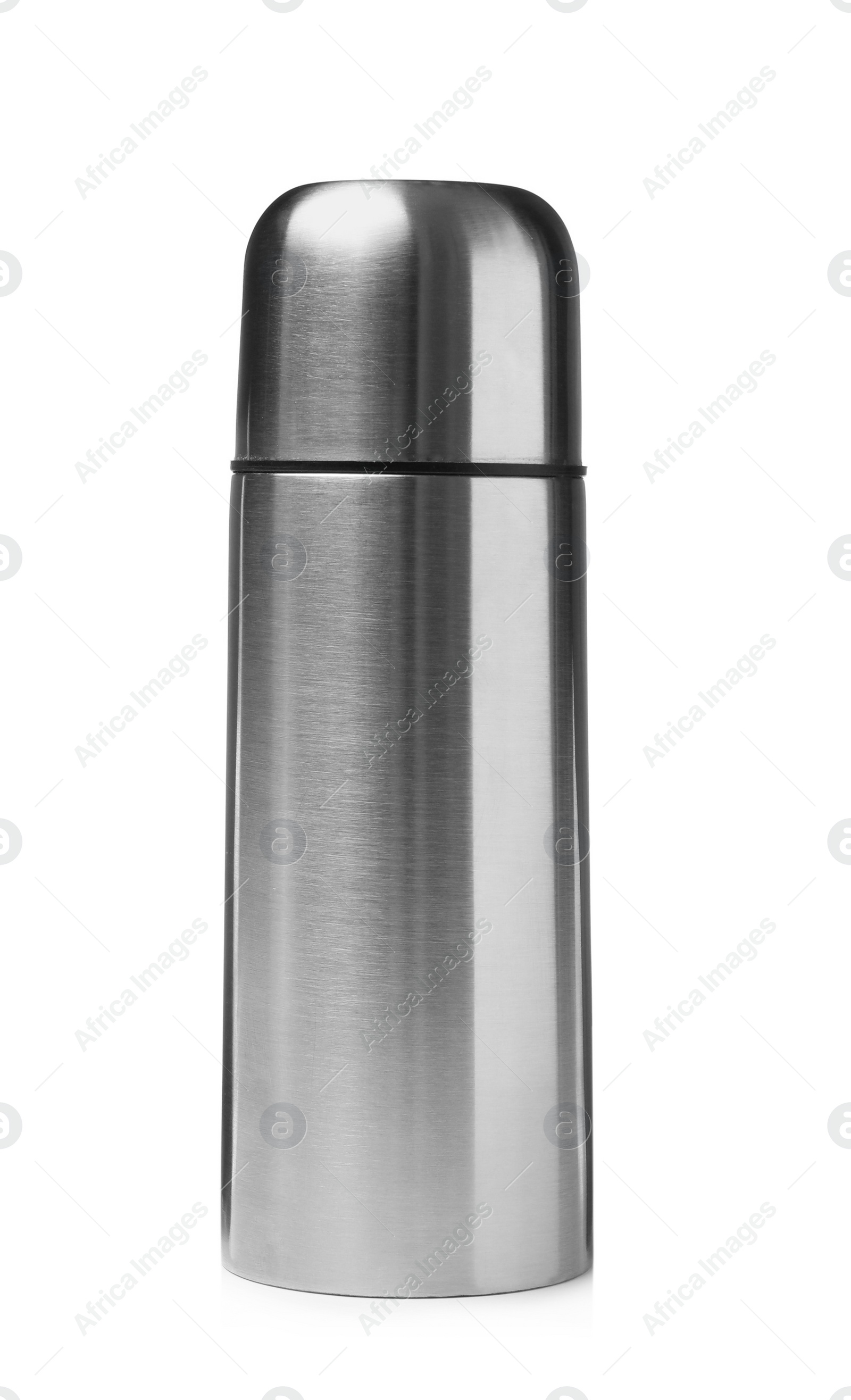 Photo of Modern silver thermos isolated on white. Tourist equipment