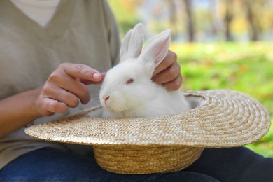 Photo of Woman with cute white rabbit in park, closeup
