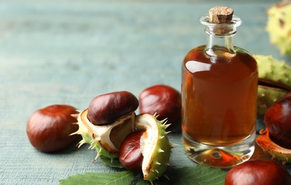 Chestnuts and bottle of essential oil on blue wooden table