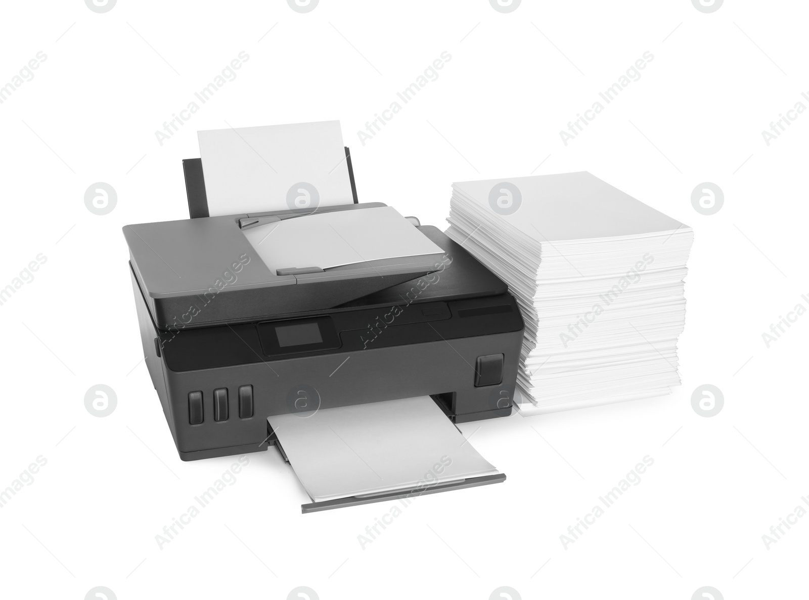 Photo of Modern printer and stack of paper on white background