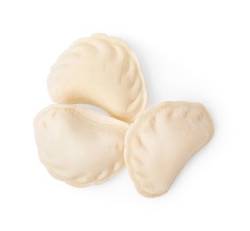 Photo of Raw dumplings (varenyky) with tasty filling on white background, top view