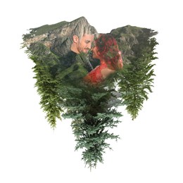 Double exposure of passionate couple, mountains and trees on white background