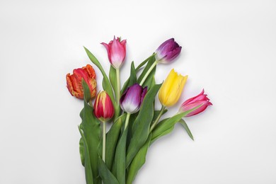 Photo of Beautiful colorful tulip flowers on white background, flat lay