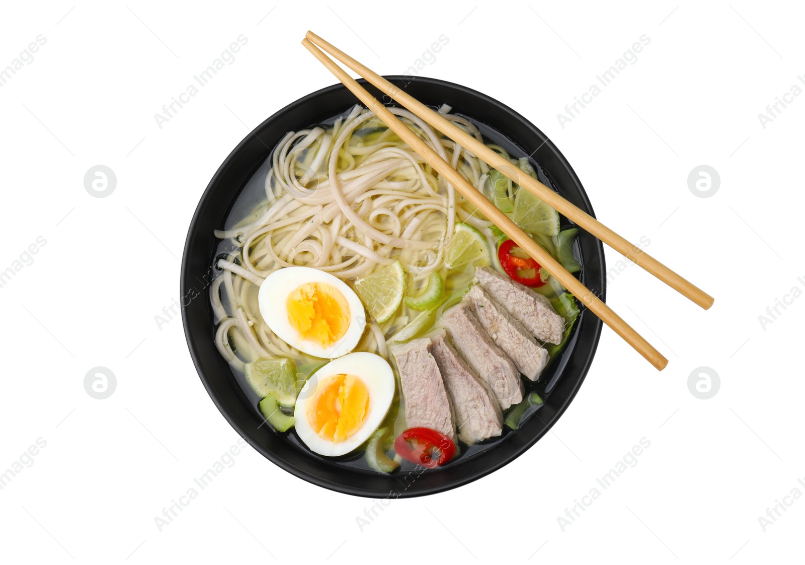 Photo of Bowl of delicious rice noodle soup with meat and egg isolated on white, top view