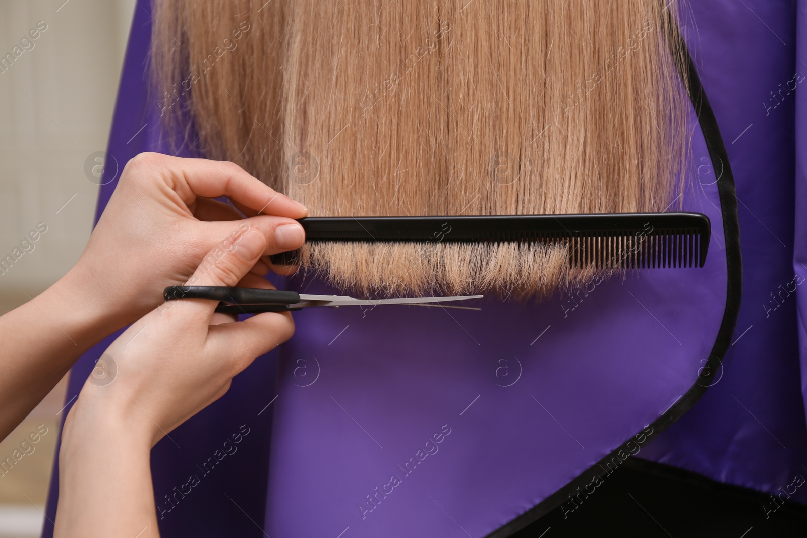 Photo of Stylist cutting hair of client in professional salon, closeup