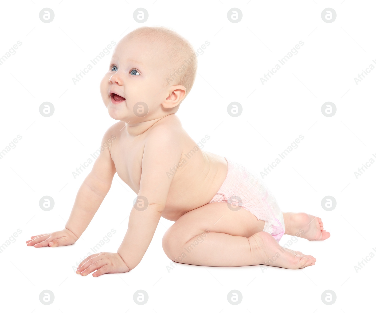 Photo of Cute little baby crawling on white background