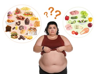 Overweight woman choosing between healthy and unhealthy food on white background