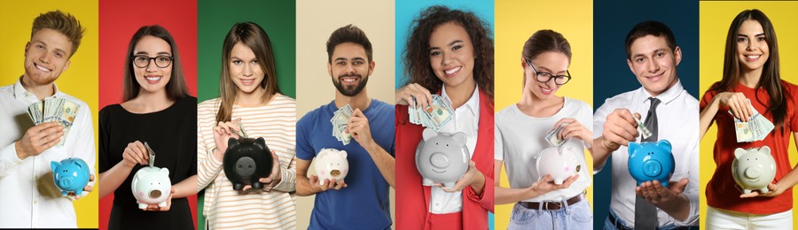 Collage with photos of people holding piggy banks on different color backgrounds. Banner design