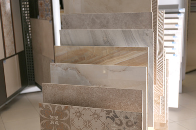 Photo of Various ceramic tile samples in store. Total wholesale