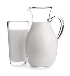 Photo of Jug and glass with fresh milk on white background