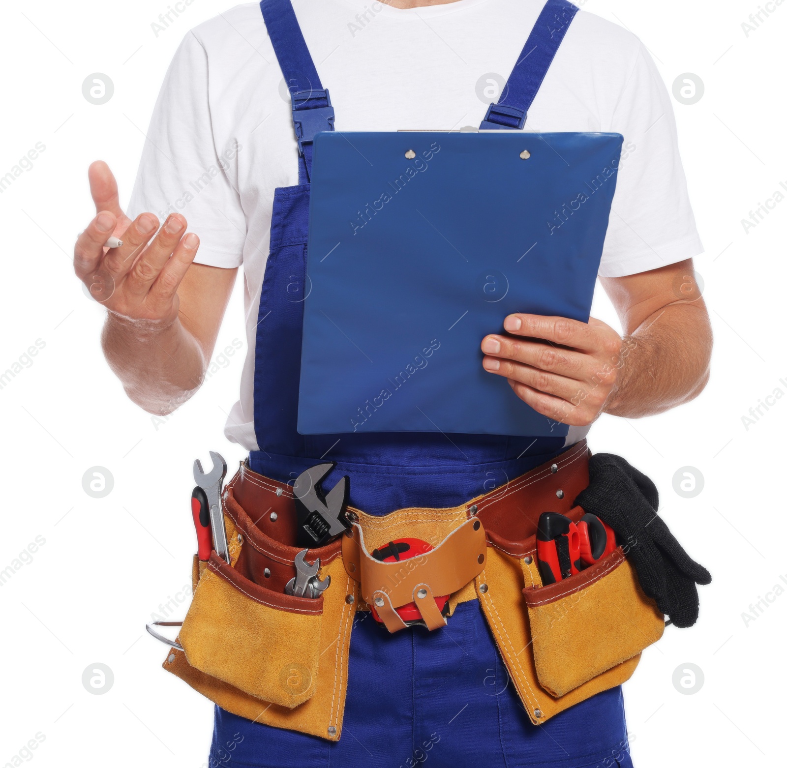 Photo of Professional plumber with clipboard and tool belt on white background, closeup