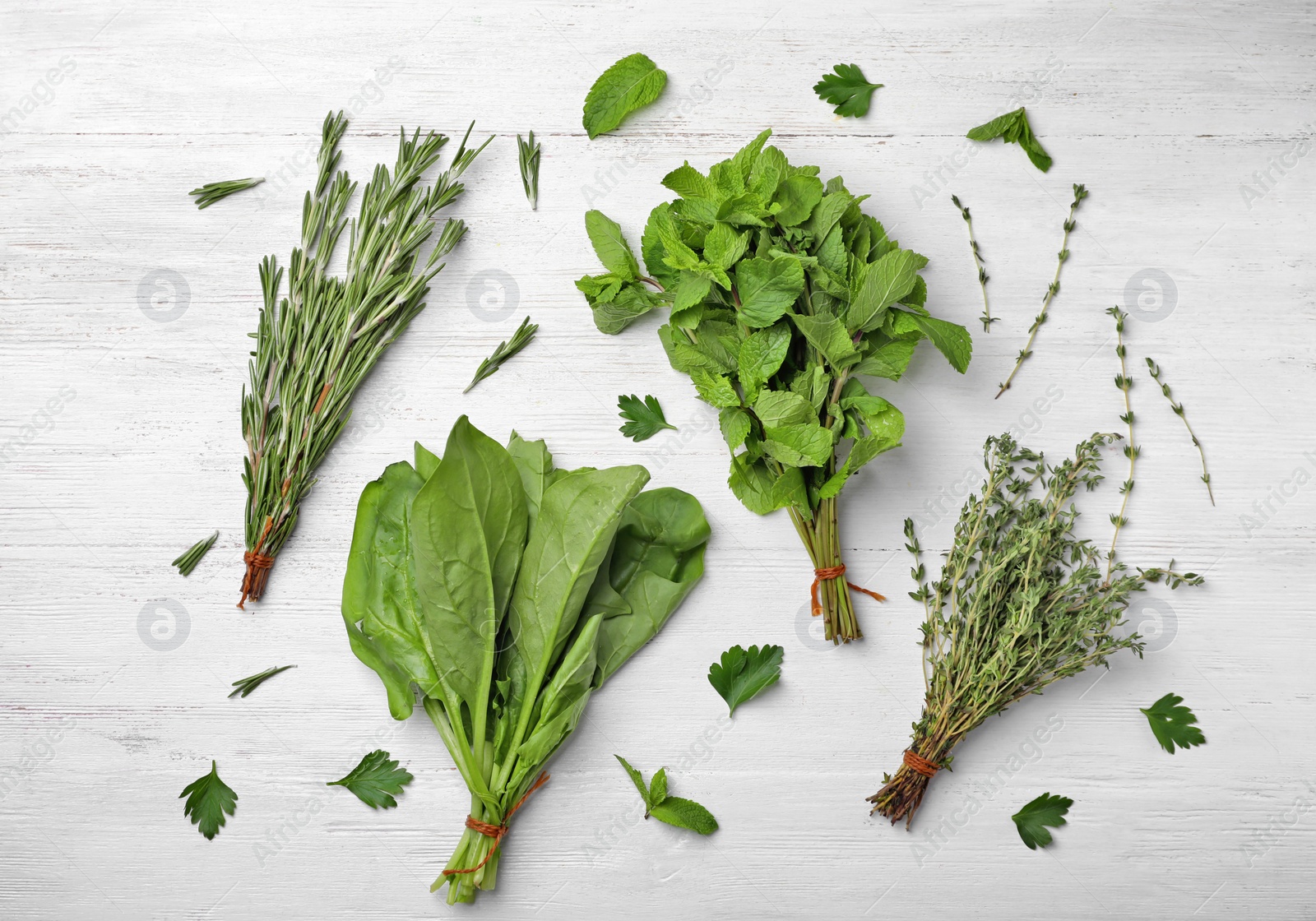 Photo of Flat lay composition with fresh green herbs on white wooden background