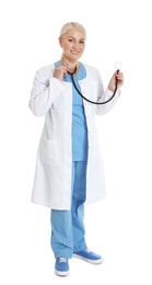 Photo of Full length portrait of female doctor isolated on white. Medical staff