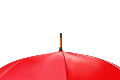 Photo of Modern opened red umbrella isolated on white, closeup view