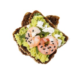 Delicious sandwich with guacamole, shrimps and black sesame seeds on white background, top view