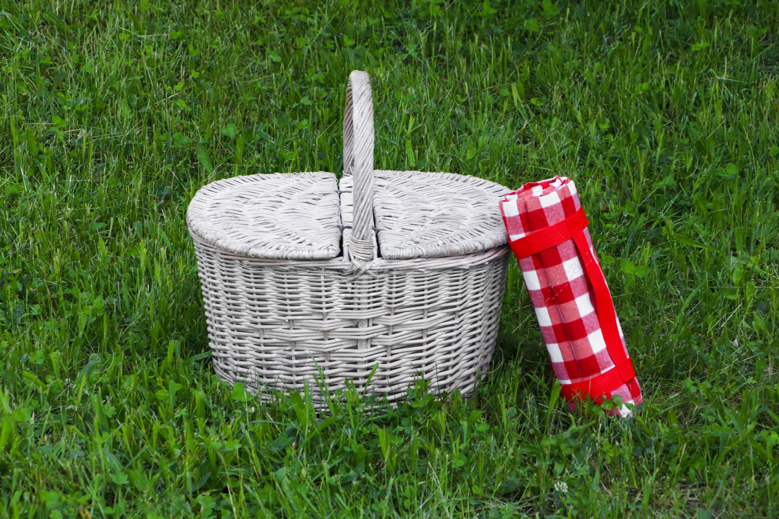 Photo of Rolled checkered tablecloth near picnic basket on green grass outdoors