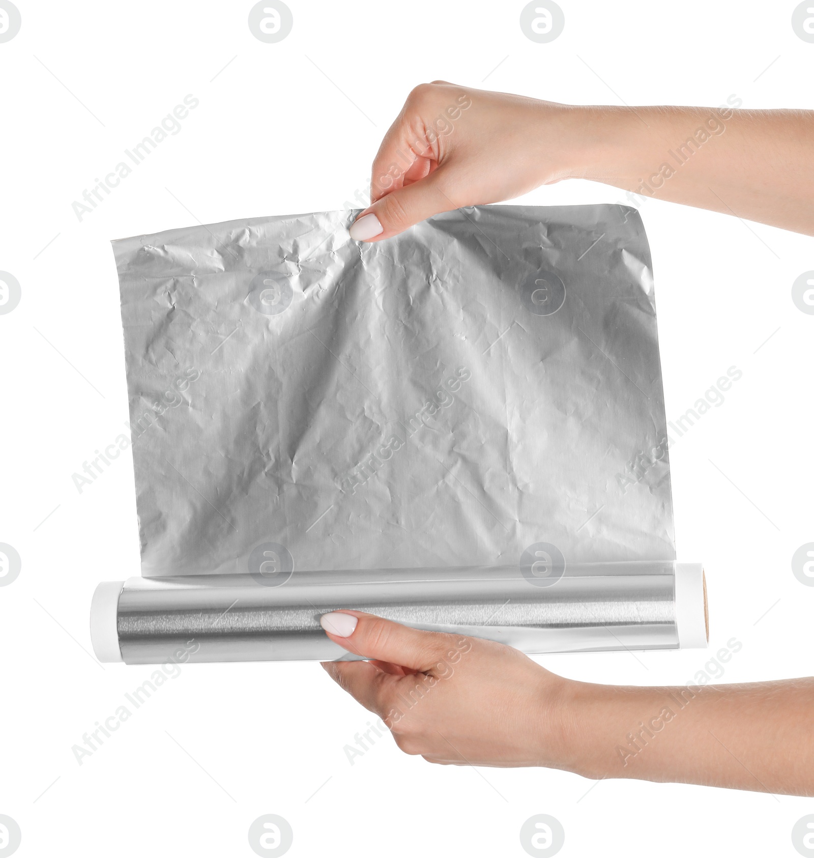 Photo of Woman holding roll of aluminum foil on white background, closeup