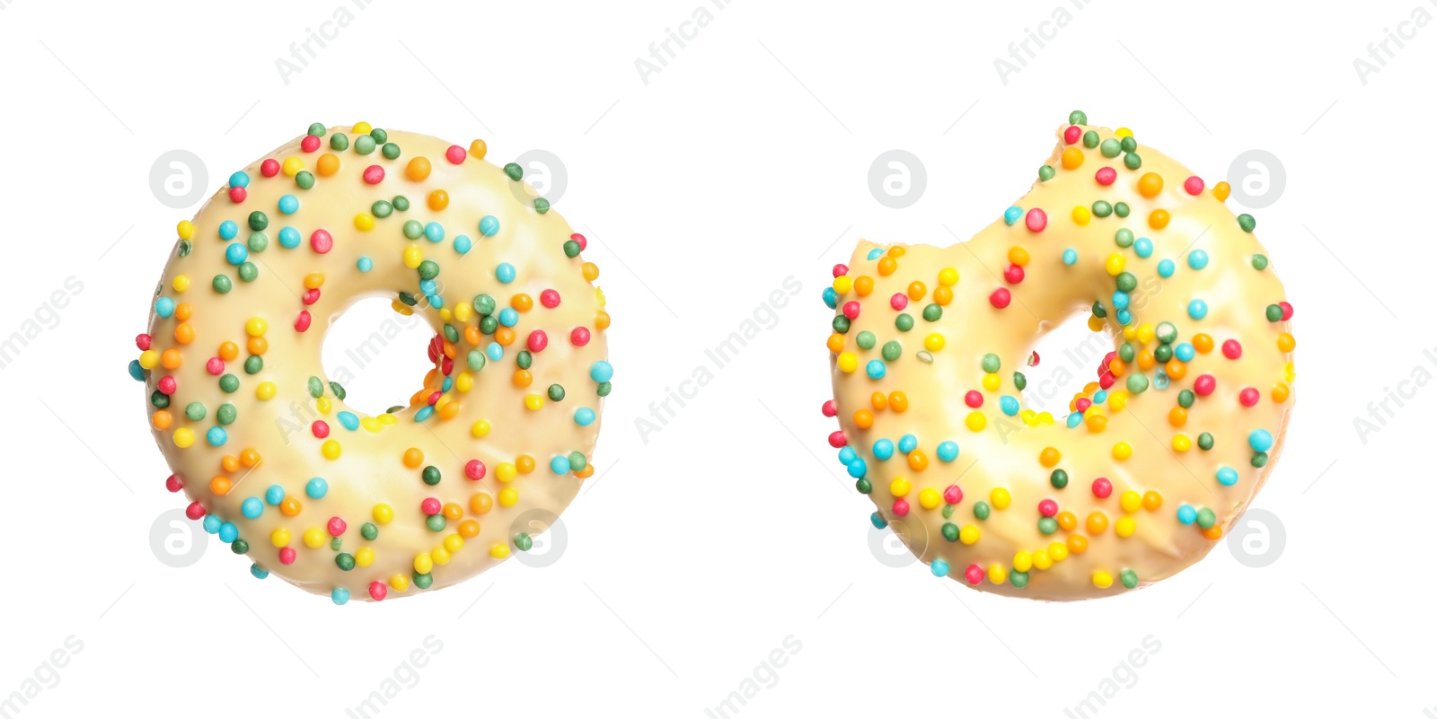 Image of Whole and bitten tasty donuts with sprinkles isolated on white