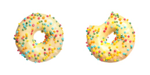 Image of Whole and bitten tasty donuts with sprinkles isolated on white