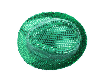 Green leprechaun hat isolated on white, top view. St. Patrick's Day celebration