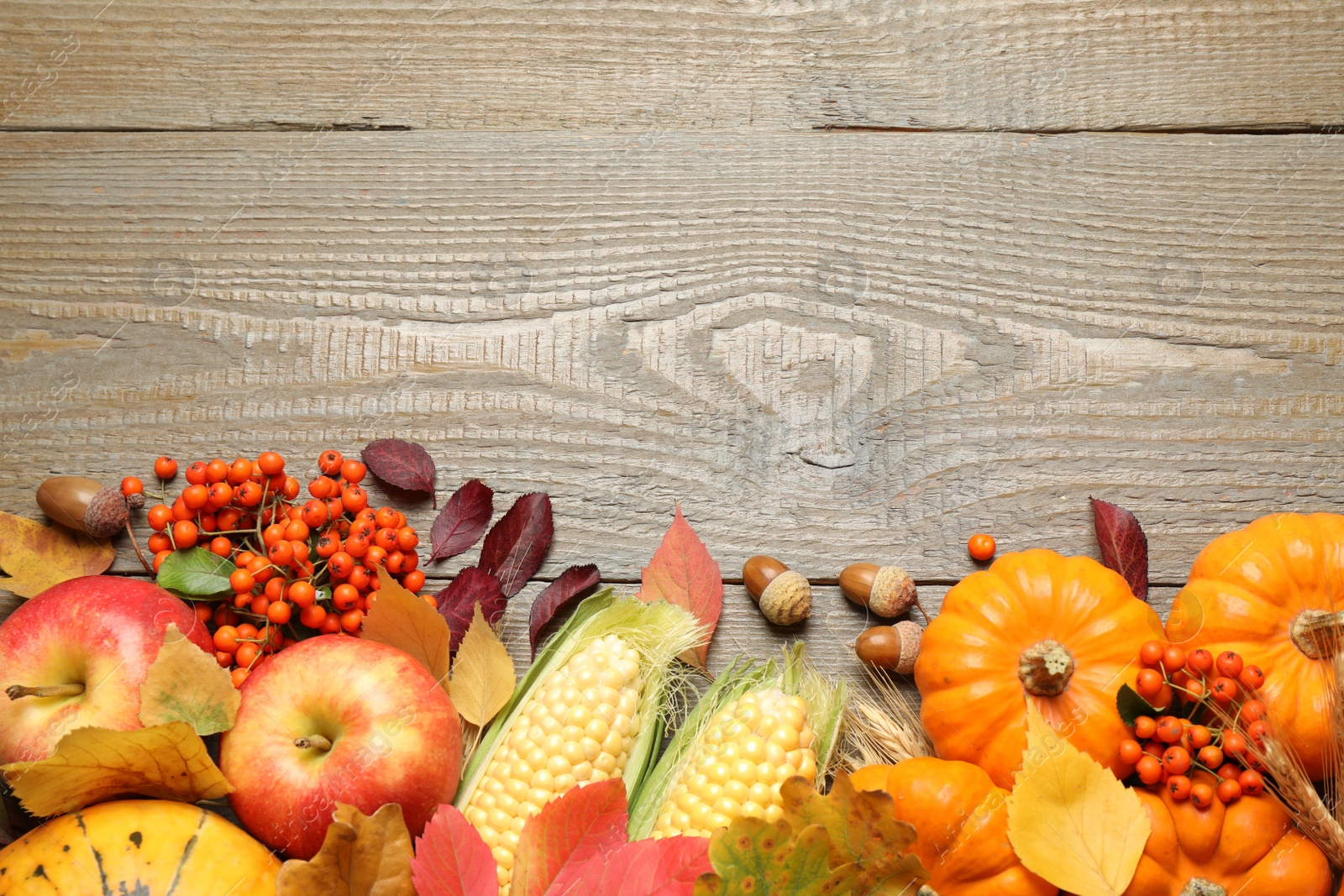 Photo of Flat lay composition with vegetables, berries and autumn leaves on wooden table, space for text. Thanksgiving Day