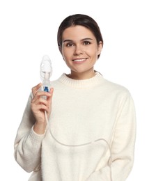 Happy young woman with nebulizer on white background