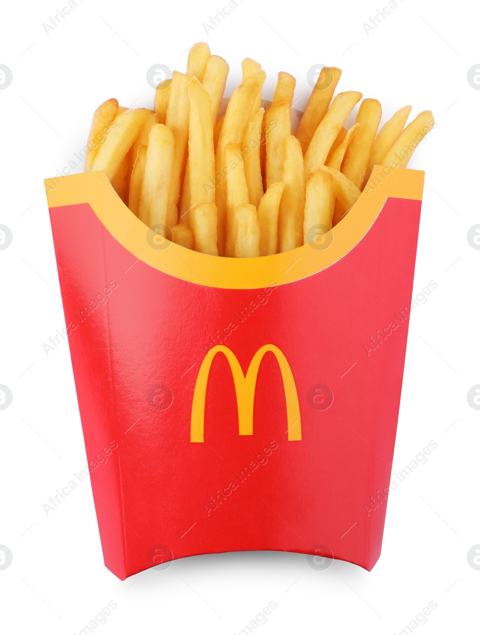 Photo of MYKOLAIV, UKRAINE - AUGUST 11, 2021: Big portion of McDonald's French fries isolated on white, top view