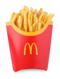Photo of MYKOLAIV, UKRAINE - AUGUST 11, 2021: Big portion of McDonald's French fries isolated on white, top view