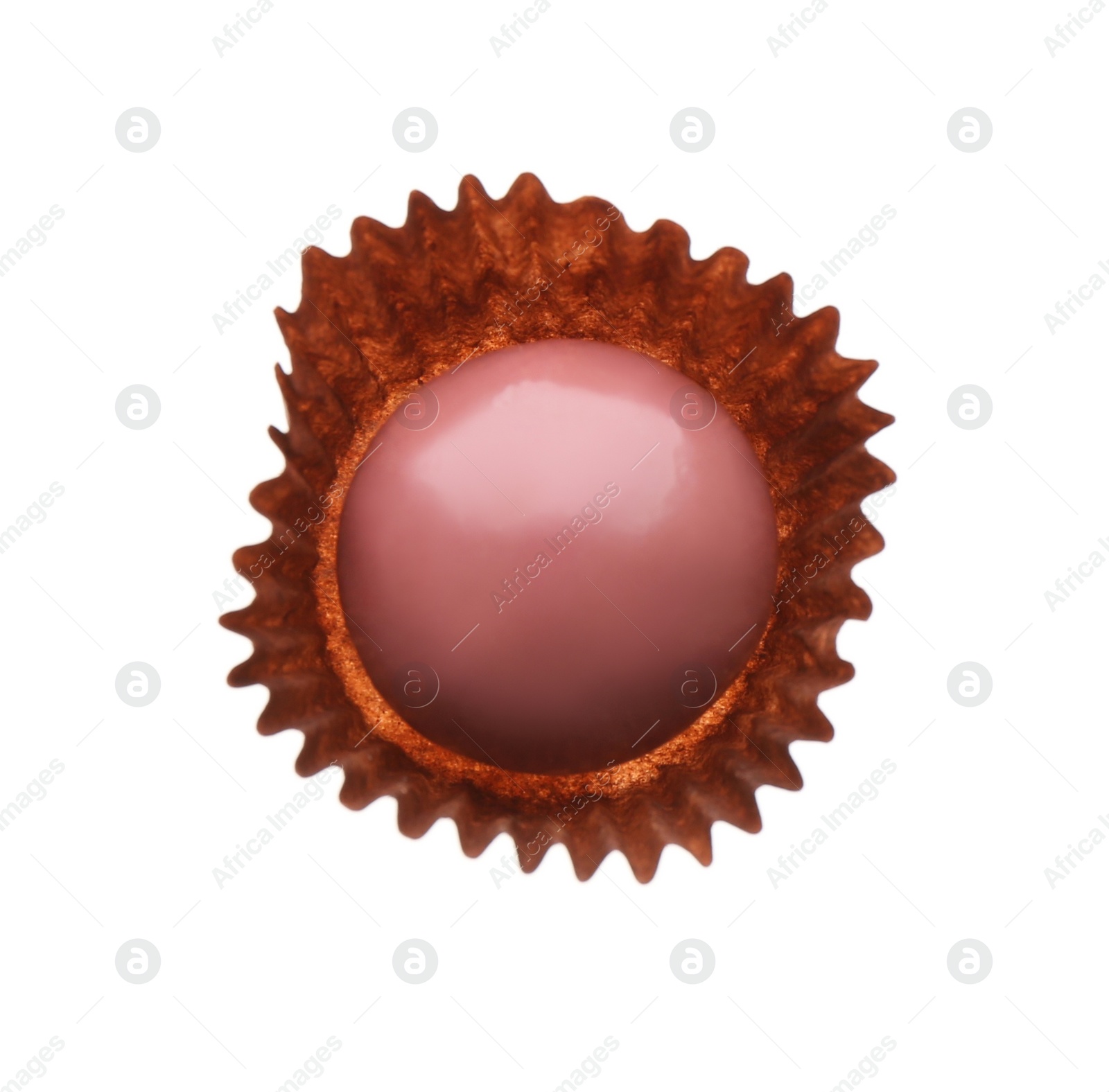 Photo of Delicious pink chocolate candy isolated on white, top view