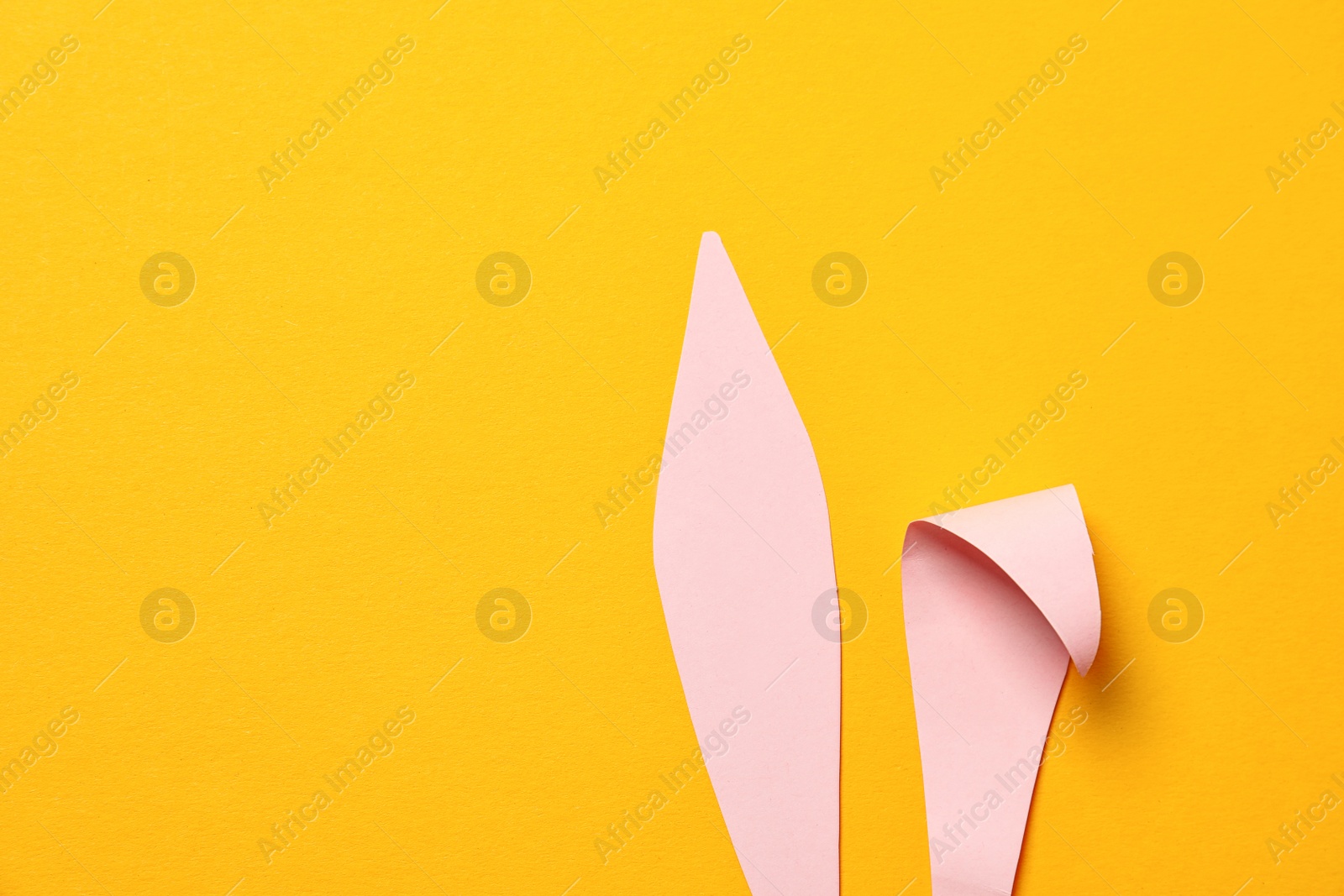 Photo of Funny Easter bunny ears on color background, top view with space for text