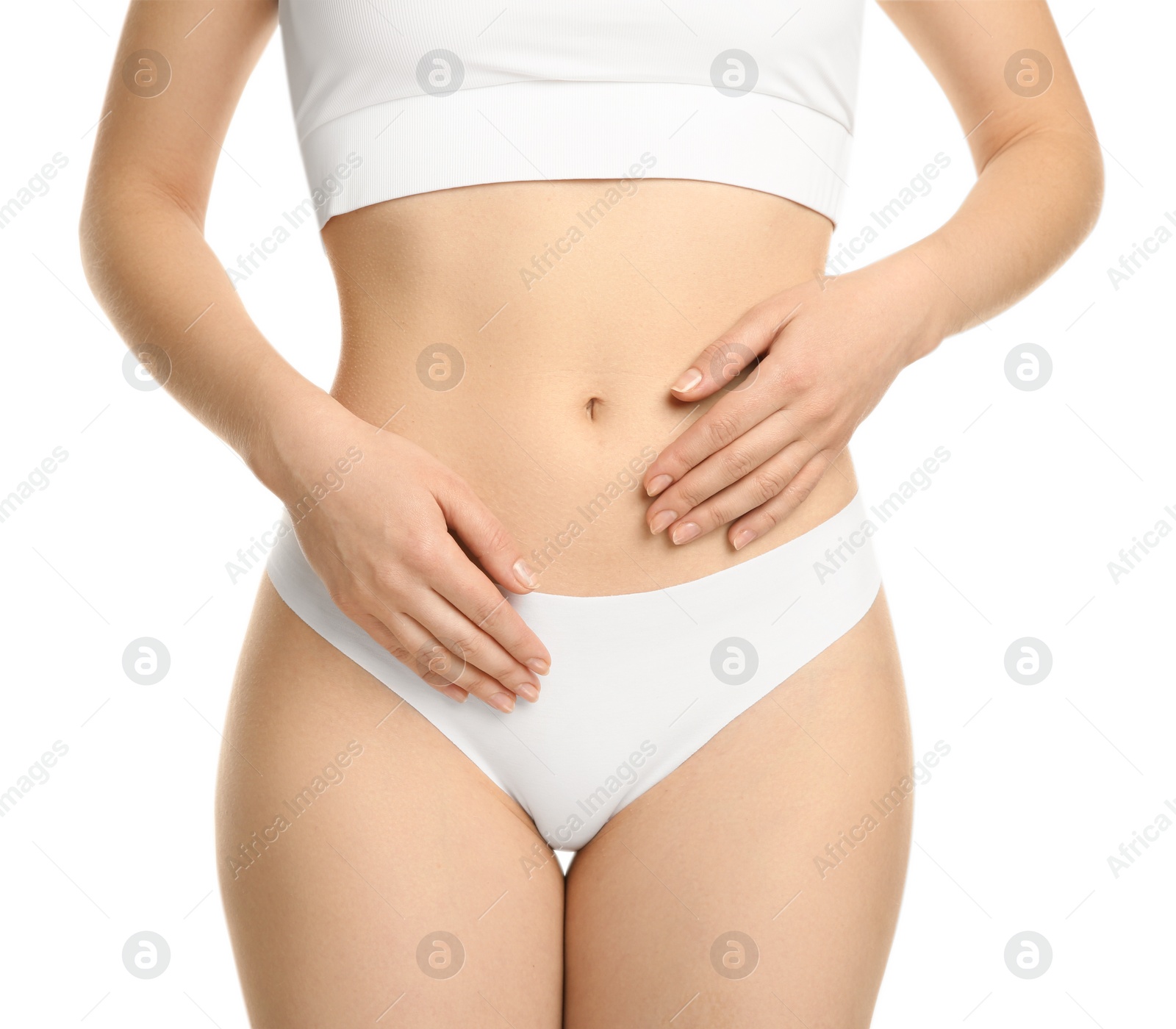 Photo of Gynecology. Woman in underwear on white background, closeup