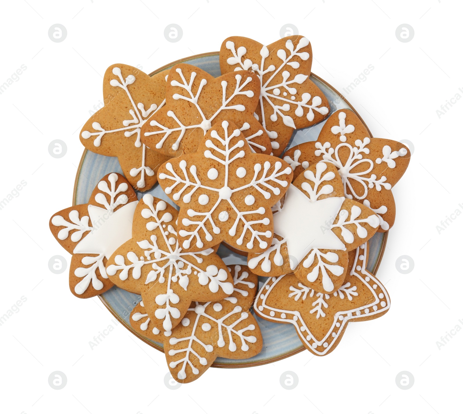 Photo of Tasty star shaped Christmas cookies with icing isolated on white, top view