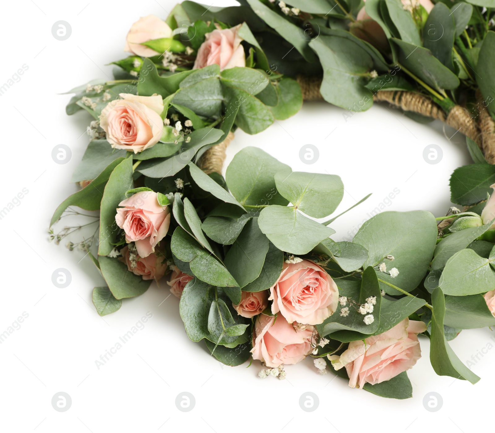 Photo of Wreath made of beautiful flowers isolated on white