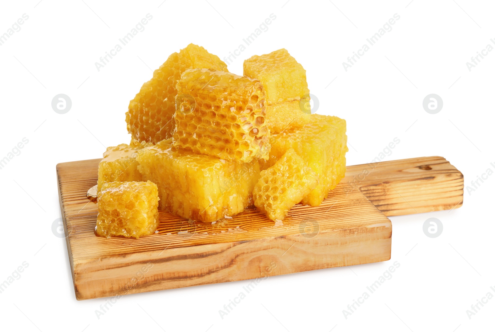 Photo of Board with fresh honeycombs isolated on white