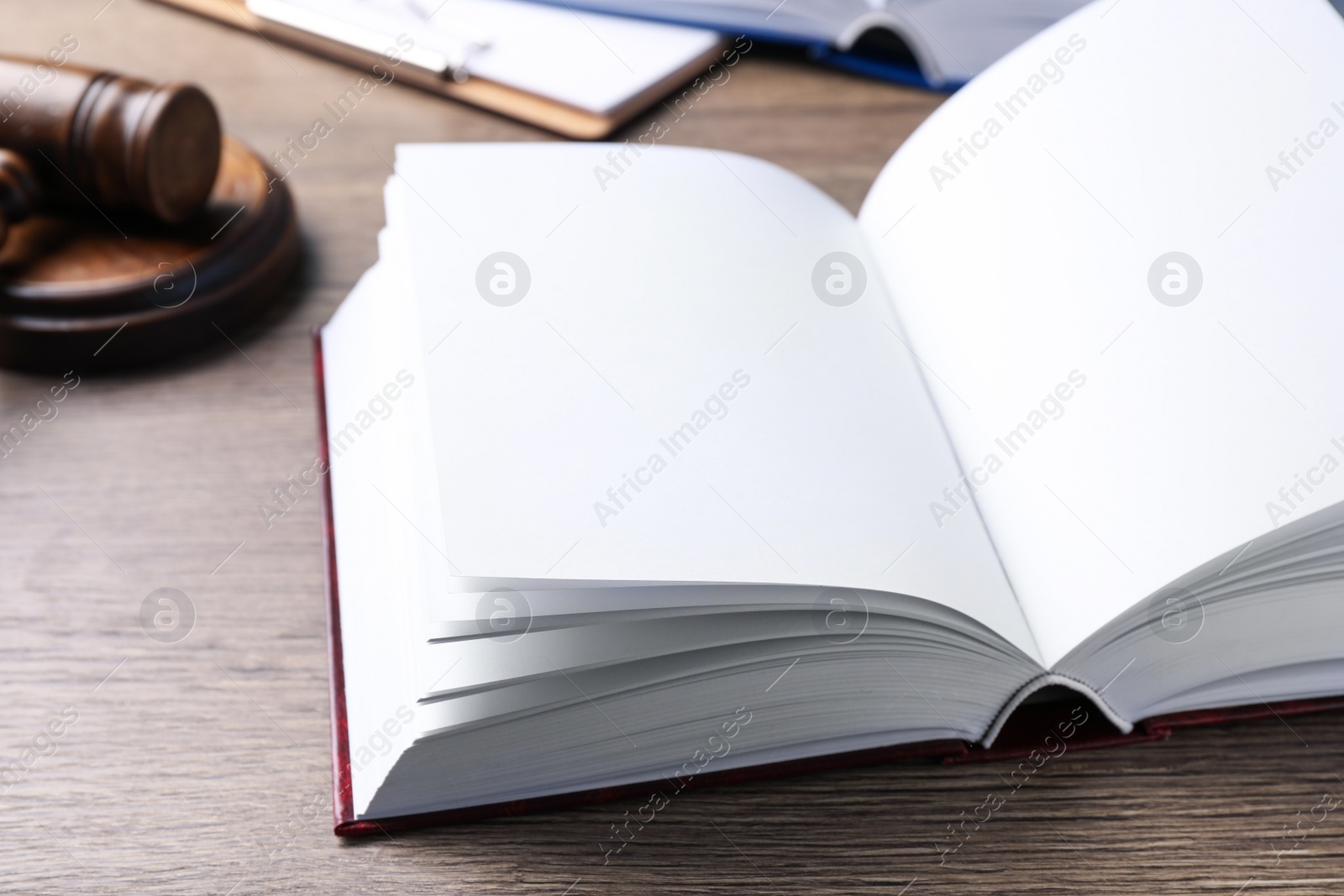 Photo of Domestic violence law book on wooden table, closeup