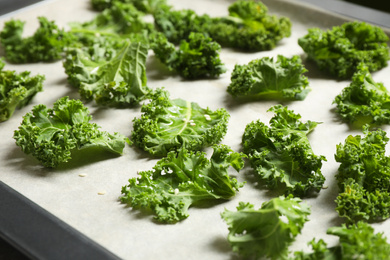 Photo of Raw cabbage leaves on baking sheet, closeup. Preparing kale chips