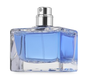 Photo of Blue men perfume in glass bottle isolated on white