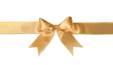 Photo of Beautiful golden ribbon with bow isolated on white, top view